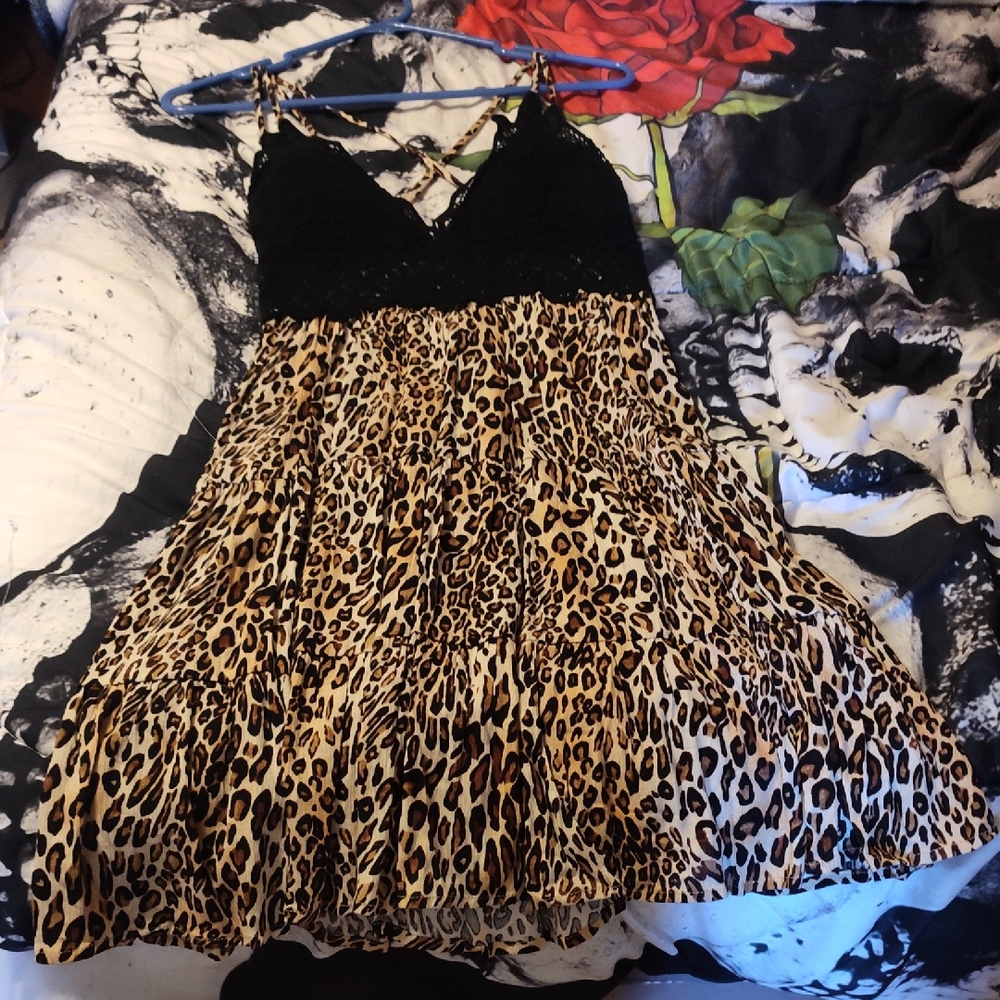 Leopard Print Dress with Black Lace Top